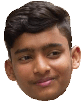 a close up of a young man 's face with a smile on his face on a white background .