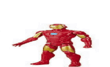 a red and yellow iron man action figure is standing up on a white background .