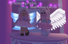 two girls with wings are standing next to each other with the name " presmes ayln " written above them