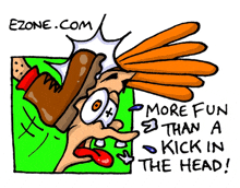 a cartoon of a person being kicked in the head with the website ezone.com below it