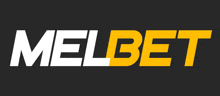 a yellow and white melbet logo on a dark background