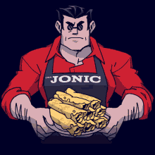 a cartoon of a man wearing an apron that says ' the jonic ' on it