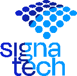 a logo for sigma tech with blue dots in the shape of a brain