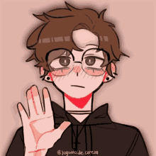 a drawing of a boy wearing glasses and a black hoodie has the name juguto.de.cereza on the bottom