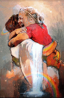 a painting of a woman hugging a man with a rainbow behind them