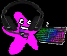 a cartoon character wearing headphones and a microphone is holding a keyboard .