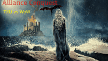 a poster for alliance conquest shows a woman standing in front of a dragon