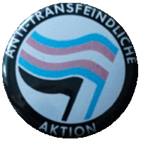 a button that says antitransfeindliche aktion with a transgender flag in the center