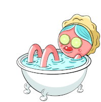 a cartoon drawing of a woman in a bathtub with cucumber slices on her eyes