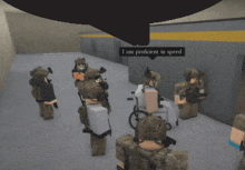 a group of soldiers are standing in a room with a sign that says i am proficient in speed on it