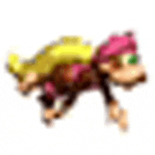 a donkey kong monkey with a pink hat and a yellow tail is flying through the air .