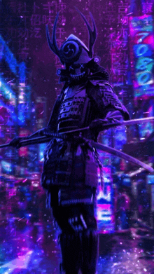 a samurai in armor is holding a sword in a futuristic city .