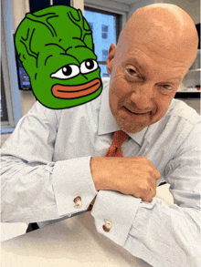 a man wearing a shirt and tie with a cartoon of pepe the frog on his head