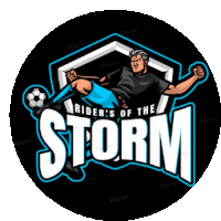 a soccer player kicking a soccer ball with the words rider 's of the storm below him