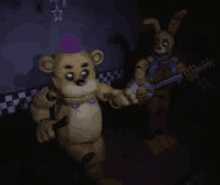 a teddy bear and a bunny are holding hands in the dark .