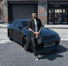 a man stands in front of a black car with a license plate that says iiuo5