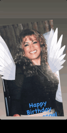 a picture of a woman with white wings and the words happy birthday angel