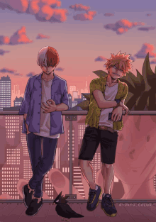 two anime characters standing next to each other on a balcony with the words ryukyu color written below them