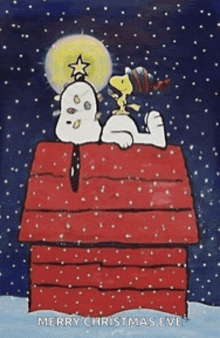 a cartoon of snoopy and woodstock in a house with the words merry christmas eve