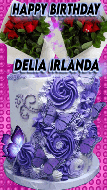 a birthday card for delia irlanda with a cake and butterflies