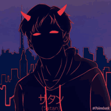 a drawing of a man with red horns and a hoodie that says " satan "