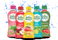 five bottles of fruit valley juice are lined up in a row