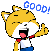 a cartoon cat is giving a thumbs up and the word good is on the bottom