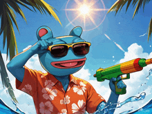 a frog wearing sunglasses and an orange shirt holds a water gun