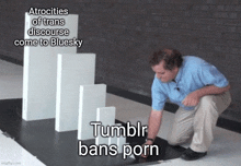 a man is kneeling down in front of a graph that says tumblr bans porn on it