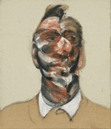 a close up of a painting of a man 's face with a white collar