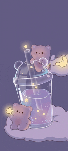 two teddy bears are sitting on top of a cup of purple liquid