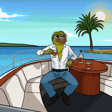 a cartoon of a frog sitting on a boat holding a glass