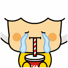 a cartoon character is crying while drinking a drink with a straw