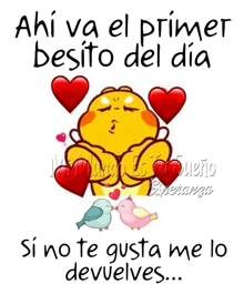 a yellow cartoon character with red hearts and the words ahi va el primer besito del dia