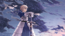 a girl in armor is holding a sword against a cloudy sky