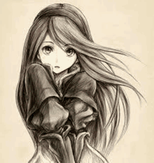 a black and white drawing of a girl with long hair in a hoodie .