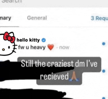 a screenshot of a hello kitty message that says `` still the craziest dm i 've received '' .