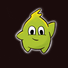 a green and yellow cartoon character with big eyes and a yellow crest