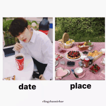 a picture of a man sitting at a table and a picture of a picnic