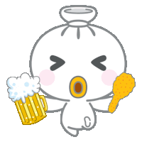 a cartoon character is holding a mug of beer and a fried chicken leg