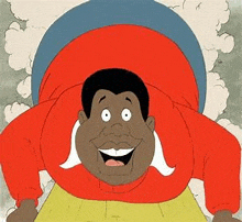 a cartoon of a man with a big belly is smiling while riding a roller coaster .