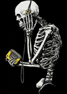 a skeleton wearing headphones and holding a tape measure