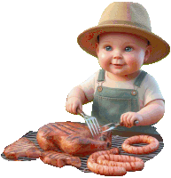 a baby wearing a straw hat is grilling meat