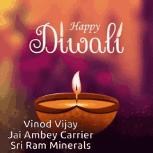 a diwali greeting card with a lit candle and the name vinod vijay