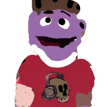 a purple bear wearing a red shirt with a skull on it .