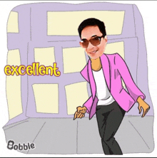 a cartoon of a man wearing sunglasses and a pink jacket that says excellent on the bottom