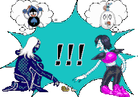 a pixel art drawing of a man and a woman with a speech bubble that says " !!! "