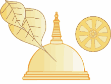 a drawing of a temple with a leaf and a wheel in the background