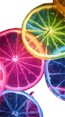 a bunch of colorful lemon slices on a white surface