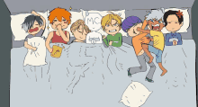 a drawing of a group of people laying in bed with the word mc written on their pillow